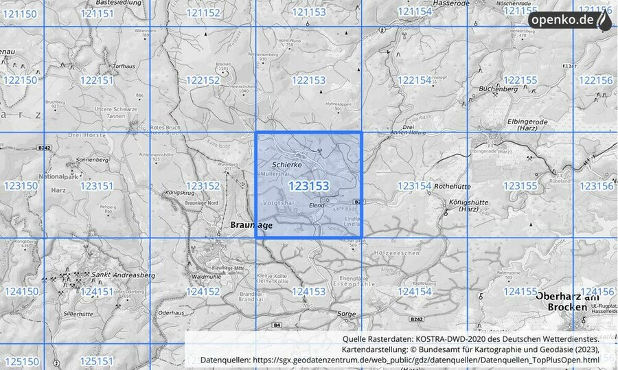 Übersichtskarte des KOSTRA-DWD-2020-Rasterfeldes Nr. 123153