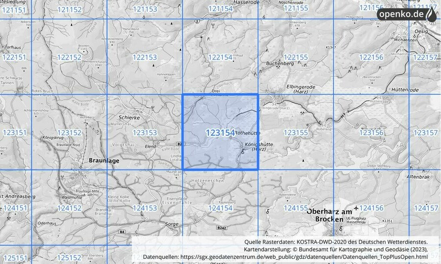 Übersichtskarte des KOSTRA-DWD-2020-Rasterfeldes Nr. 123154