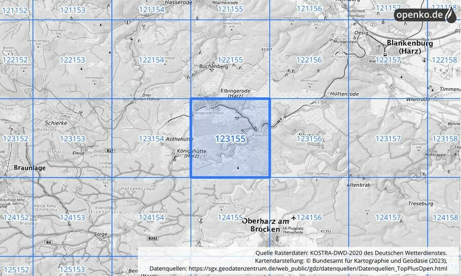 Übersichtskarte des KOSTRA-DWD-2020-Rasterfeldes Nr. 123155