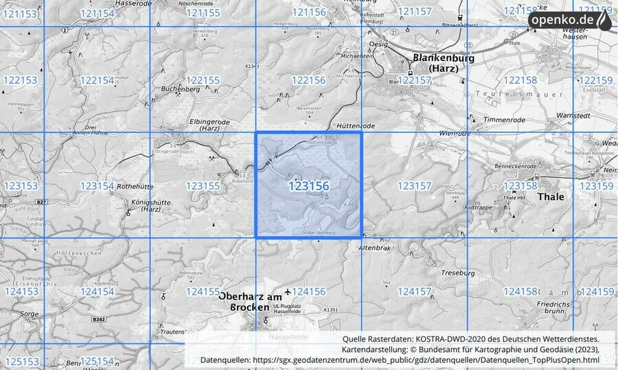 Übersichtskarte des KOSTRA-DWD-2020-Rasterfeldes Nr. 123156