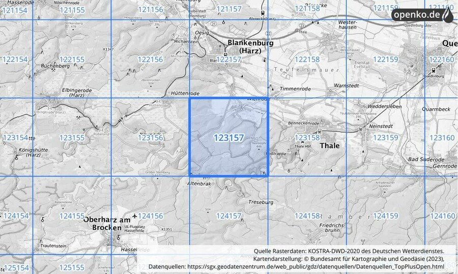 Übersichtskarte des KOSTRA-DWD-2020-Rasterfeldes Nr. 123157