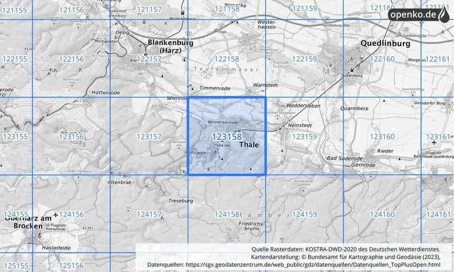 Übersichtskarte des KOSTRA-DWD-2020-Rasterfeldes Nr. 123158