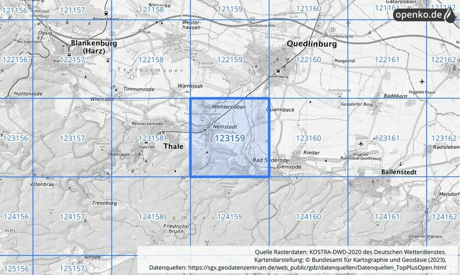 Übersichtskarte des KOSTRA-DWD-2020-Rasterfeldes Nr. 123159