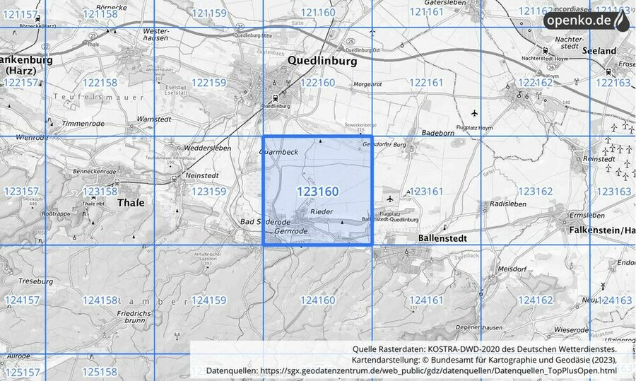 Übersichtskarte des KOSTRA-DWD-2020-Rasterfeldes Nr. 123160