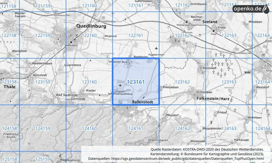 Übersichtskarte des KOSTRA-DWD-2020-Rasterfeldes Nr. 123161