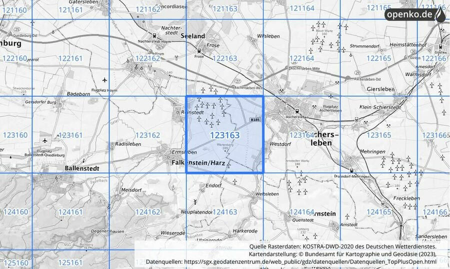 Übersichtskarte des KOSTRA-DWD-2020-Rasterfeldes Nr. 123163