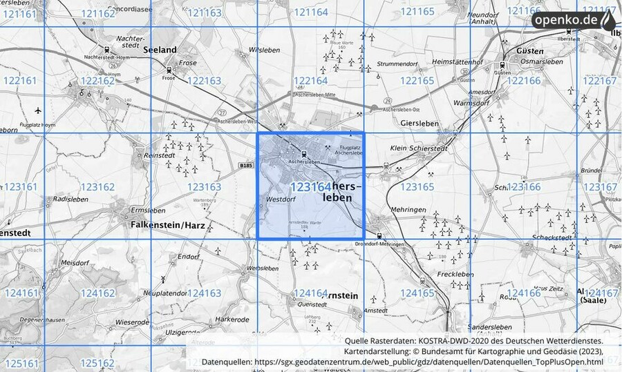 Übersichtskarte des KOSTRA-DWD-2020-Rasterfeldes Nr. 123164