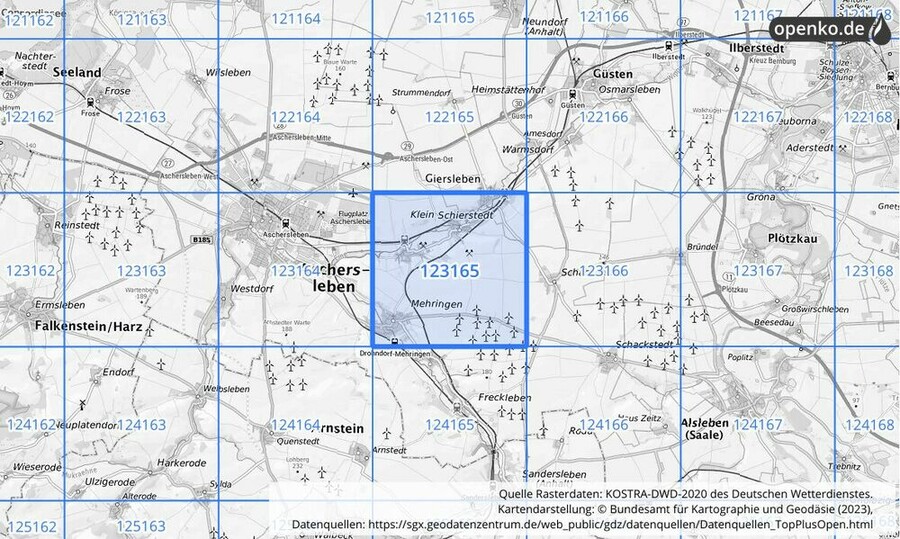 Übersichtskarte des KOSTRA-DWD-2020-Rasterfeldes Nr. 123165