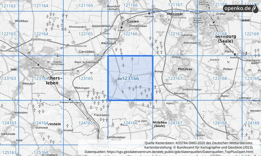 Übersichtskarte des KOSTRA-DWD-2020-Rasterfeldes Nr. 123166