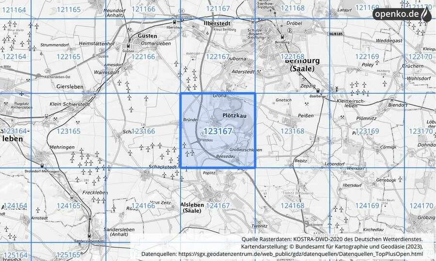 Übersichtskarte des KOSTRA-DWD-2020-Rasterfeldes Nr. 123167