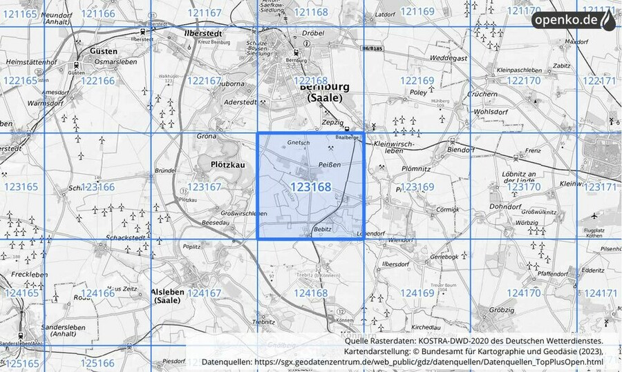 Übersichtskarte des KOSTRA-DWD-2020-Rasterfeldes Nr. 123168