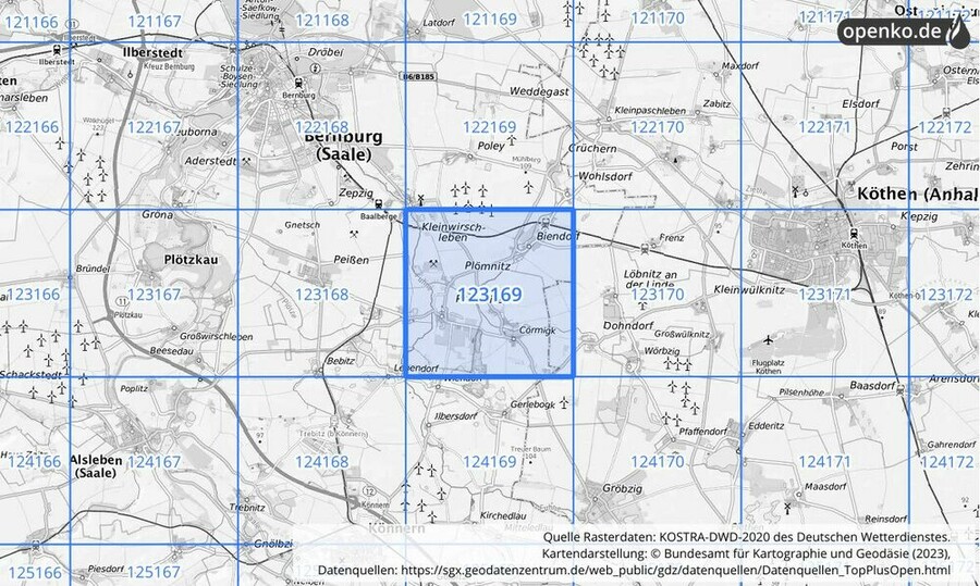 Übersichtskarte des KOSTRA-DWD-2020-Rasterfeldes Nr. 123169