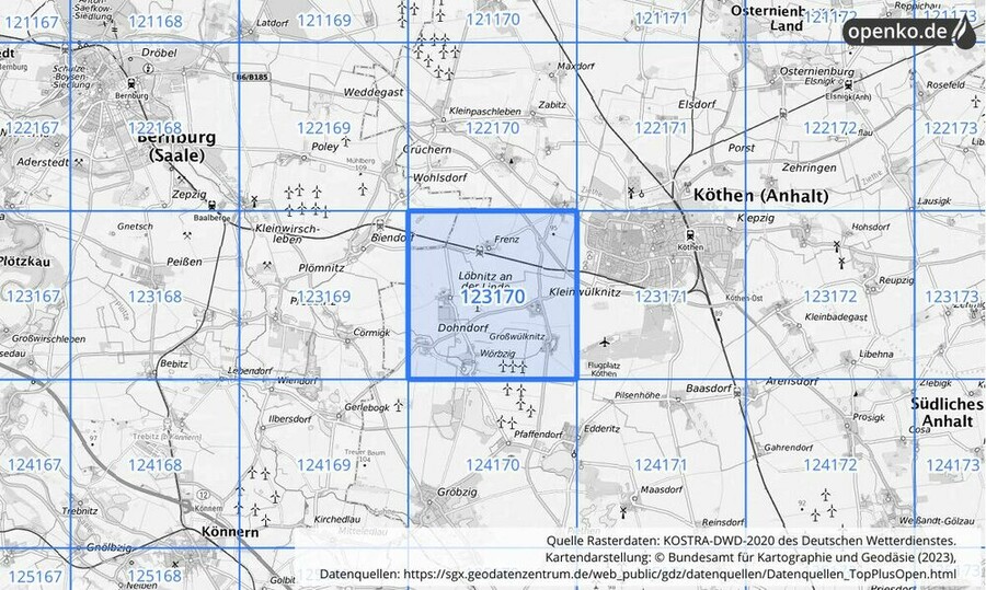 Übersichtskarte des KOSTRA-DWD-2020-Rasterfeldes Nr. 123170