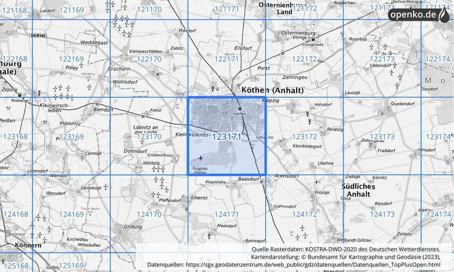 Übersichtskarte des KOSTRA-DWD-2020-Rasterfeldes Nr. 123171