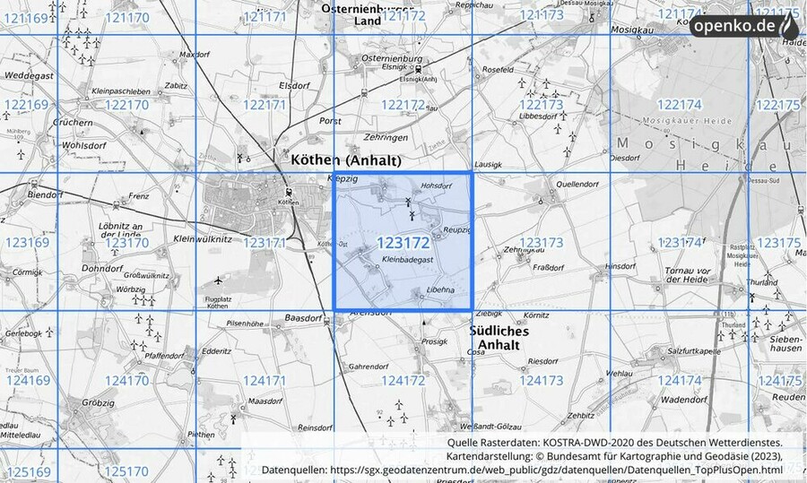 Übersichtskarte des KOSTRA-DWD-2020-Rasterfeldes Nr. 123172