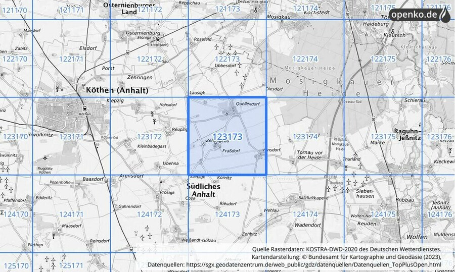 Übersichtskarte des KOSTRA-DWD-2020-Rasterfeldes Nr. 123173