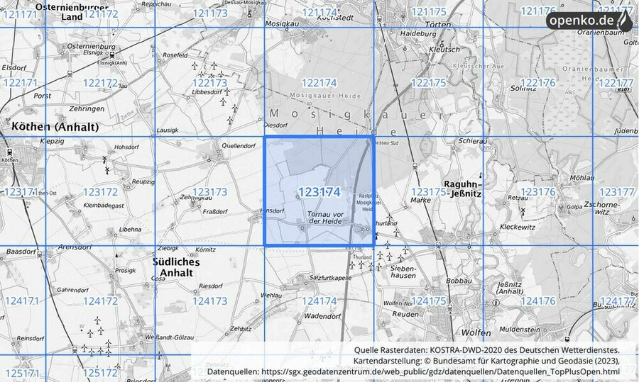 Übersichtskarte des KOSTRA-DWD-2020-Rasterfeldes Nr. 123174