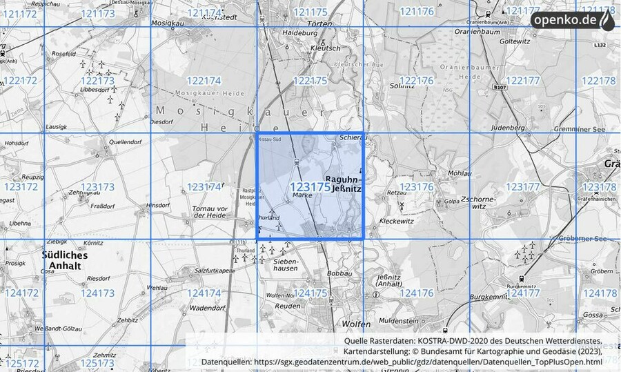 Übersichtskarte des KOSTRA-DWD-2020-Rasterfeldes Nr. 123175