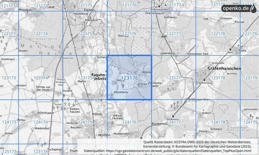 Übersichtskarte des KOSTRA-DWD-2020-Rasterfeldes Nr. 123176