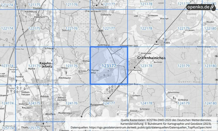 Übersichtskarte des KOSTRA-DWD-2020-Rasterfeldes Nr. 123177