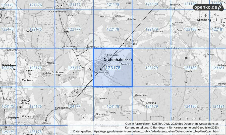 Übersichtskarte des KOSTRA-DWD-2020-Rasterfeldes Nr. 123178