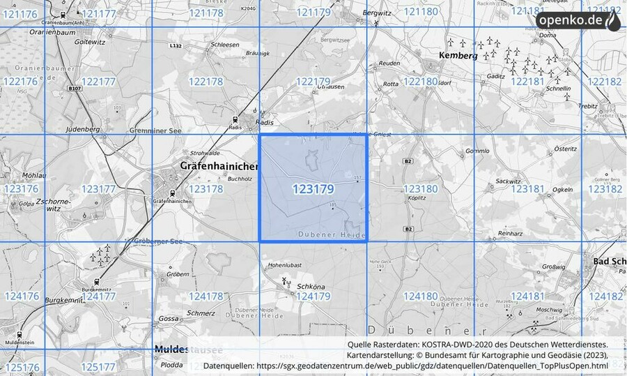 Übersichtskarte des KOSTRA-DWD-2020-Rasterfeldes Nr. 123179