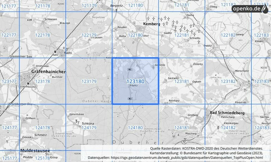 Übersichtskarte des KOSTRA-DWD-2020-Rasterfeldes Nr. 123180