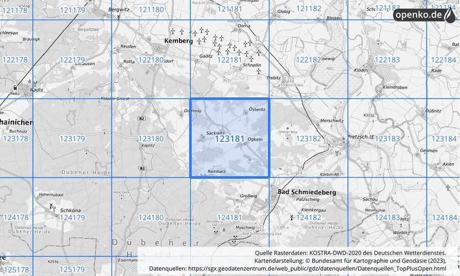 Übersichtskarte des KOSTRA-DWD-2020-Rasterfeldes Nr. 123181