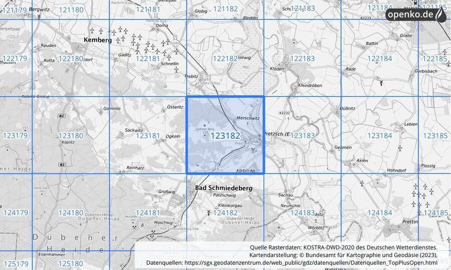 Übersichtskarte des KOSTRA-DWD-2020-Rasterfeldes Nr. 123182