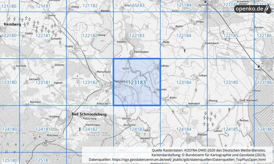 Übersichtskarte des KOSTRA-DWD-2020-Rasterfeldes Nr. 123183