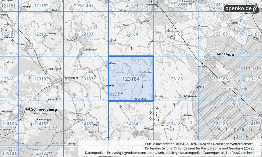 Übersichtskarte des KOSTRA-DWD-2020-Rasterfeldes Nr. 123184