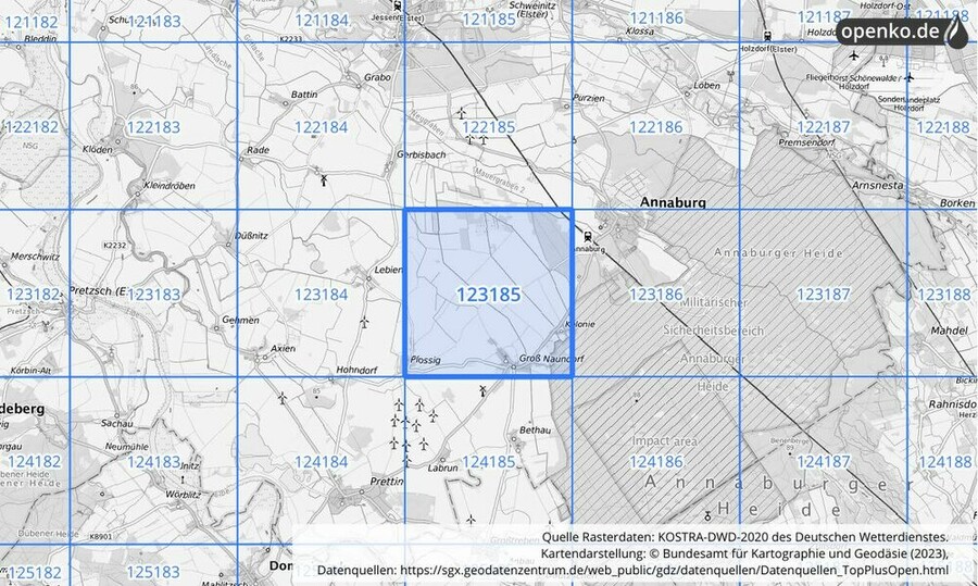 Übersichtskarte des KOSTRA-DWD-2020-Rasterfeldes Nr. 123185