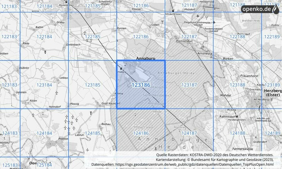 Übersichtskarte des KOSTRA-DWD-2020-Rasterfeldes Nr. 123186