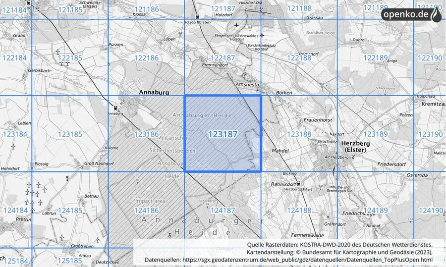 Übersichtskarte des KOSTRA-DWD-2020-Rasterfeldes Nr. 123187