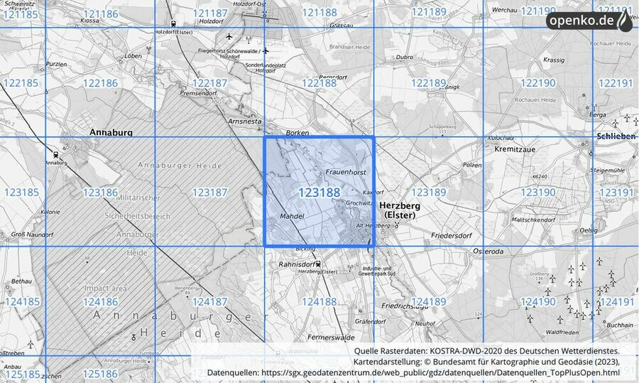 Übersichtskarte des KOSTRA-DWD-2020-Rasterfeldes Nr. 123188