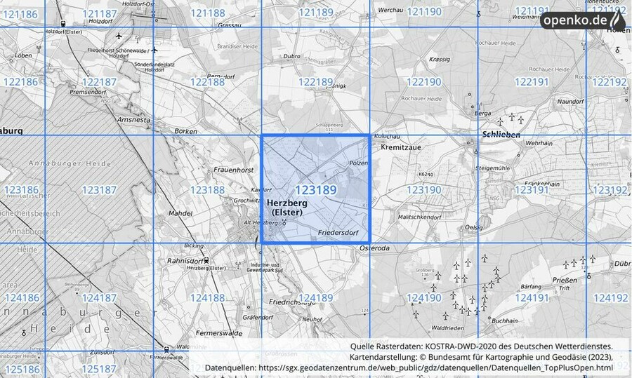 Übersichtskarte des KOSTRA-DWD-2020-Rasterfeldes Nr. 123189