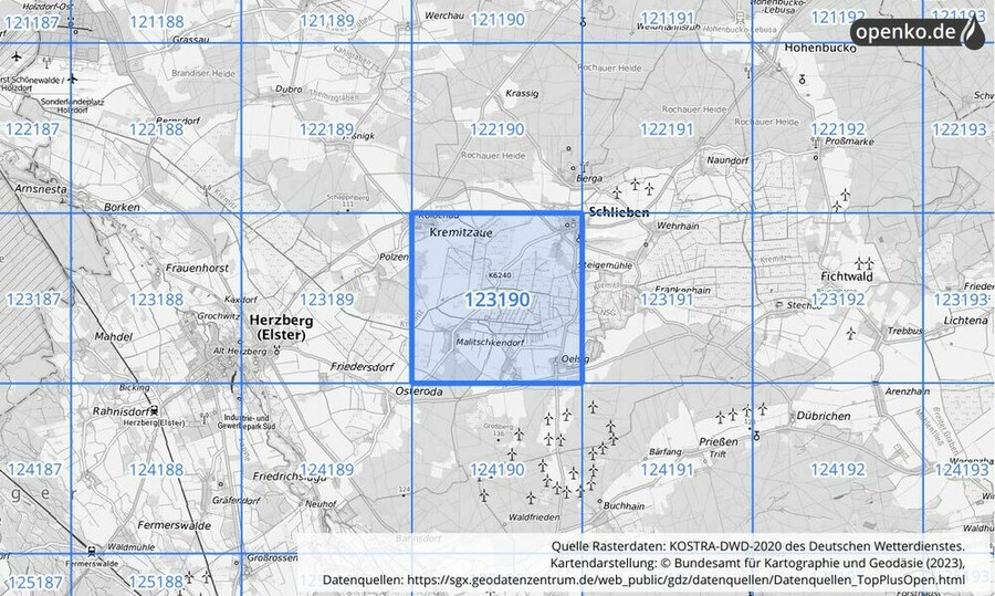 Übersichtskarte des KOSTRA-DWD-2020-Rasterfeldes Nr. 123190