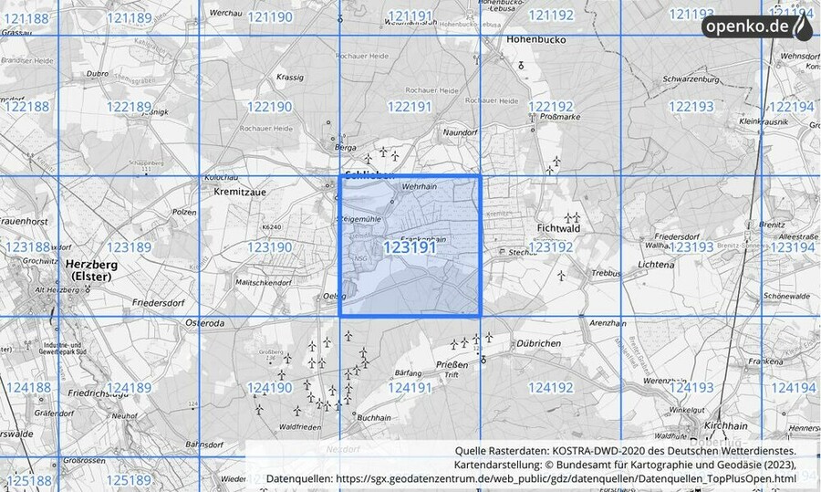 Übersichtskarte des KOSTRA-DWD-2020-Rasterfeldes Nr. 123191