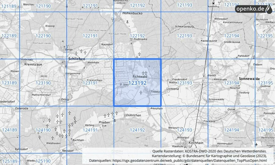 Übersichtskarte des KOSTRA-DWD-2020-Rasterfeldes Nr. 123192