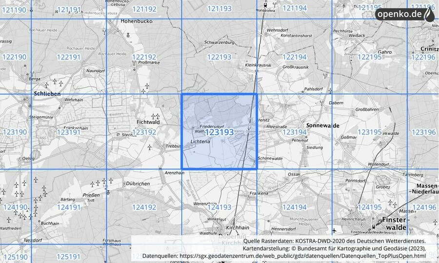 Übersichtskarte des KOSTRA-DWD-2020-Rasterfeldes Nr. 123193