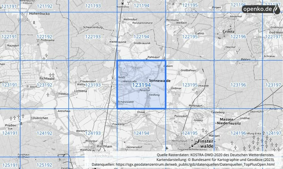 Übersichtskarte des KOSTRA-DWD-2020-Rasterfeldes Nr. 123194