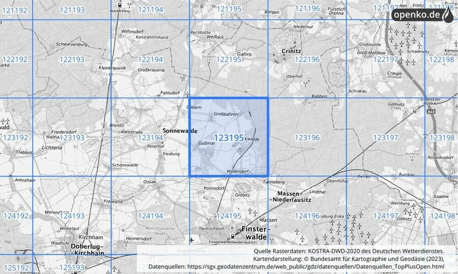 Übersichtskarte des KOSTRA-DWD-2020-Rasterfeldes Nr. 123195