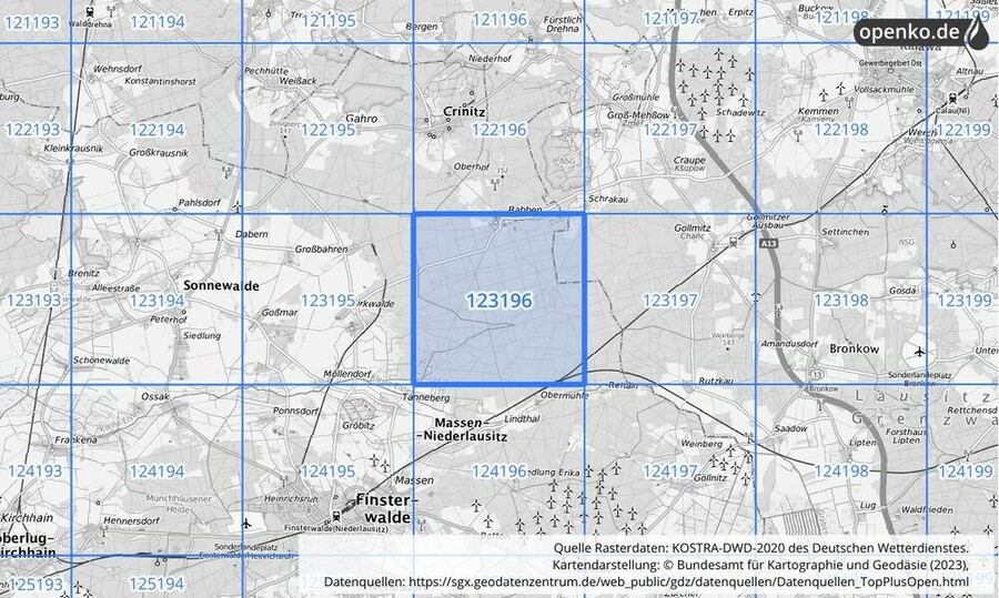 Übersichtskarte des KOSTRA-DWD-2020-Rasterfeldes Nr. 123196