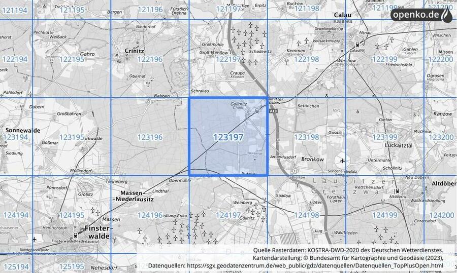 Übersichtskarte des KOSTRA-DWD-2020-Rasterfeldes Nr. 123197