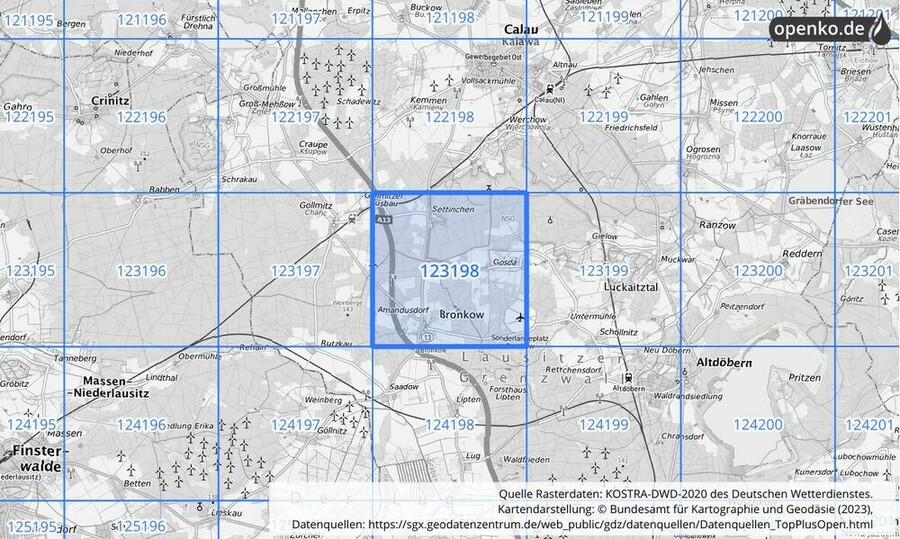 Übersichtskarte des KOSTRA-DWD-2020-Rasterfeldes Nr. 123198