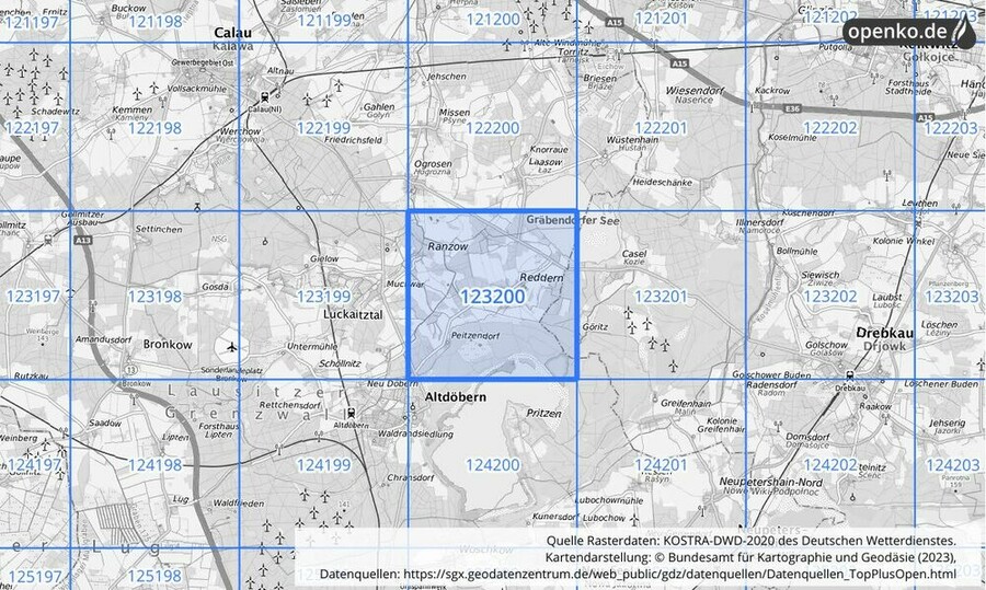 Übersichtskarte des KOSTRA-DWD-2020-Rasterfeldes Nr. 123200