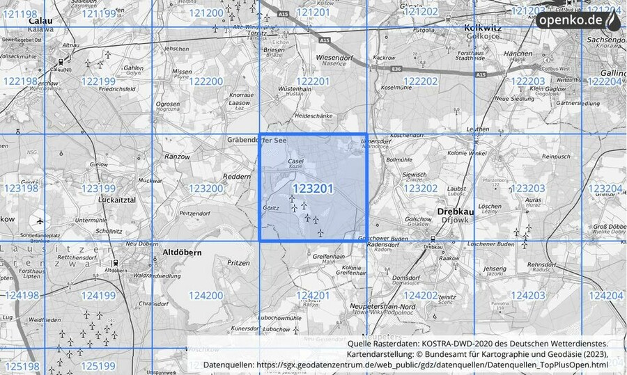 Übersichtskarte des KOSTRA-DWD-2020-Rasterfeldes Nr. 123201