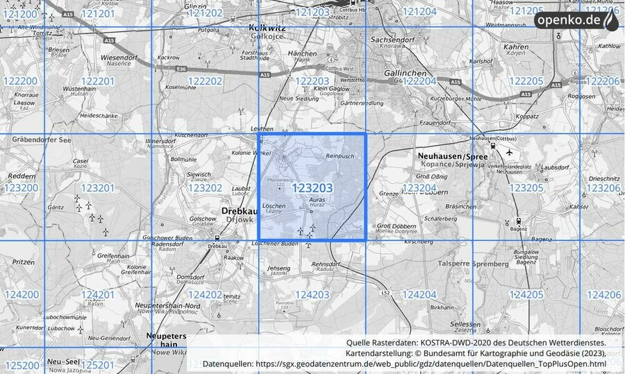 Übersichtskarte des KOSTRA-DWD-2020-Rasterfeldes Nr. 123203