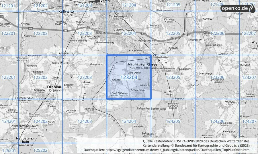 Übersichtskarte des KOSTRA-DWD-2020-Rasterfeldes Nr. 123204