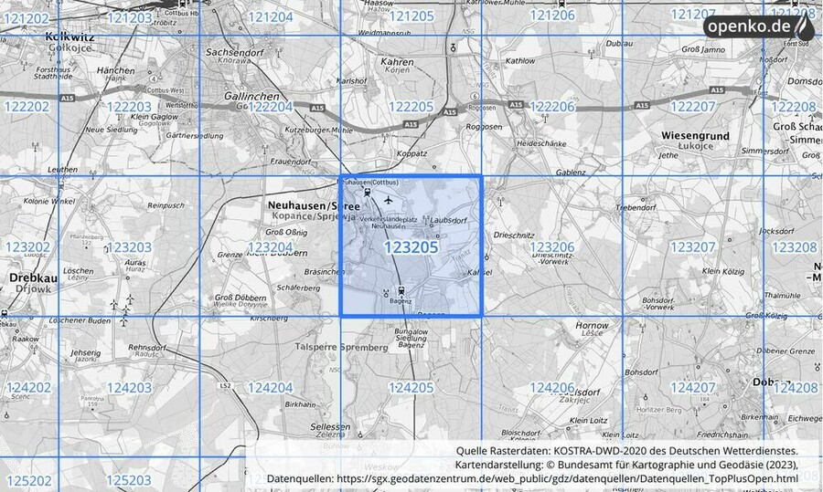 Übersichtskarte des KOSTRA-DWD-2020-Rasterfeldes Nr. 123205